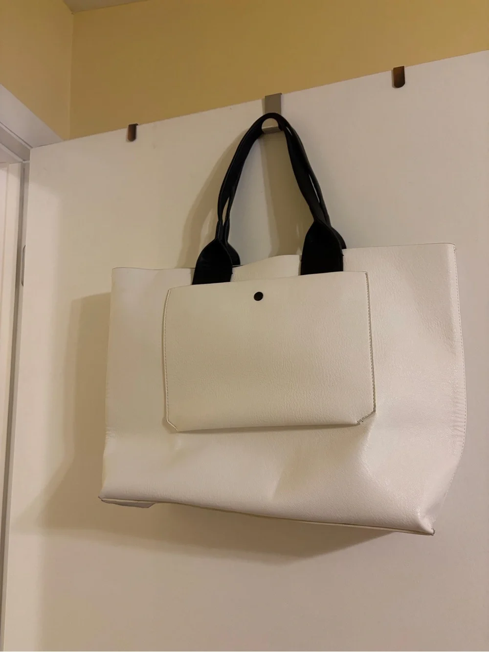 White Tote Bag with Black Handles and Bold Black Text